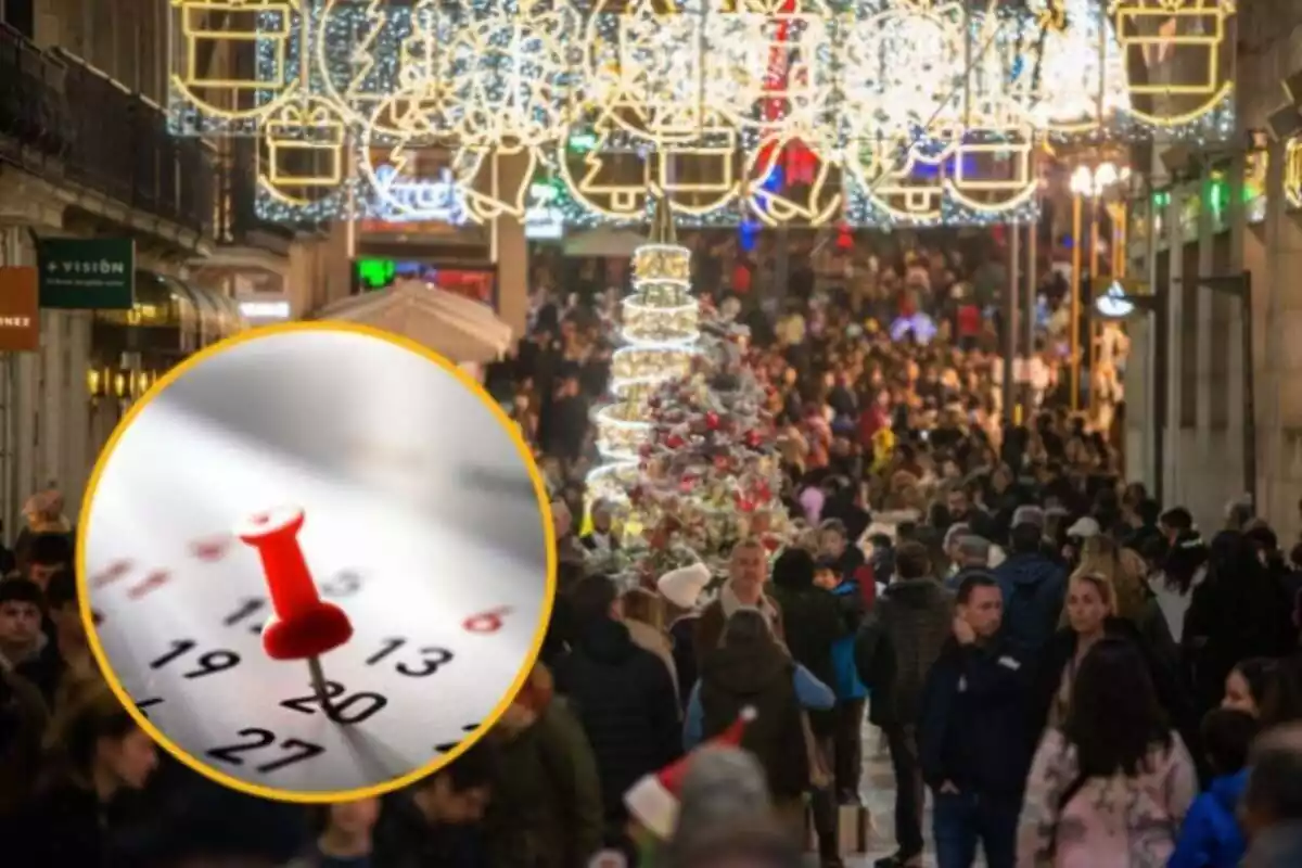 Montaje con gente paseando por una calle con el alumbrado de Navidad y círculo con chincheta clavada en un calendario