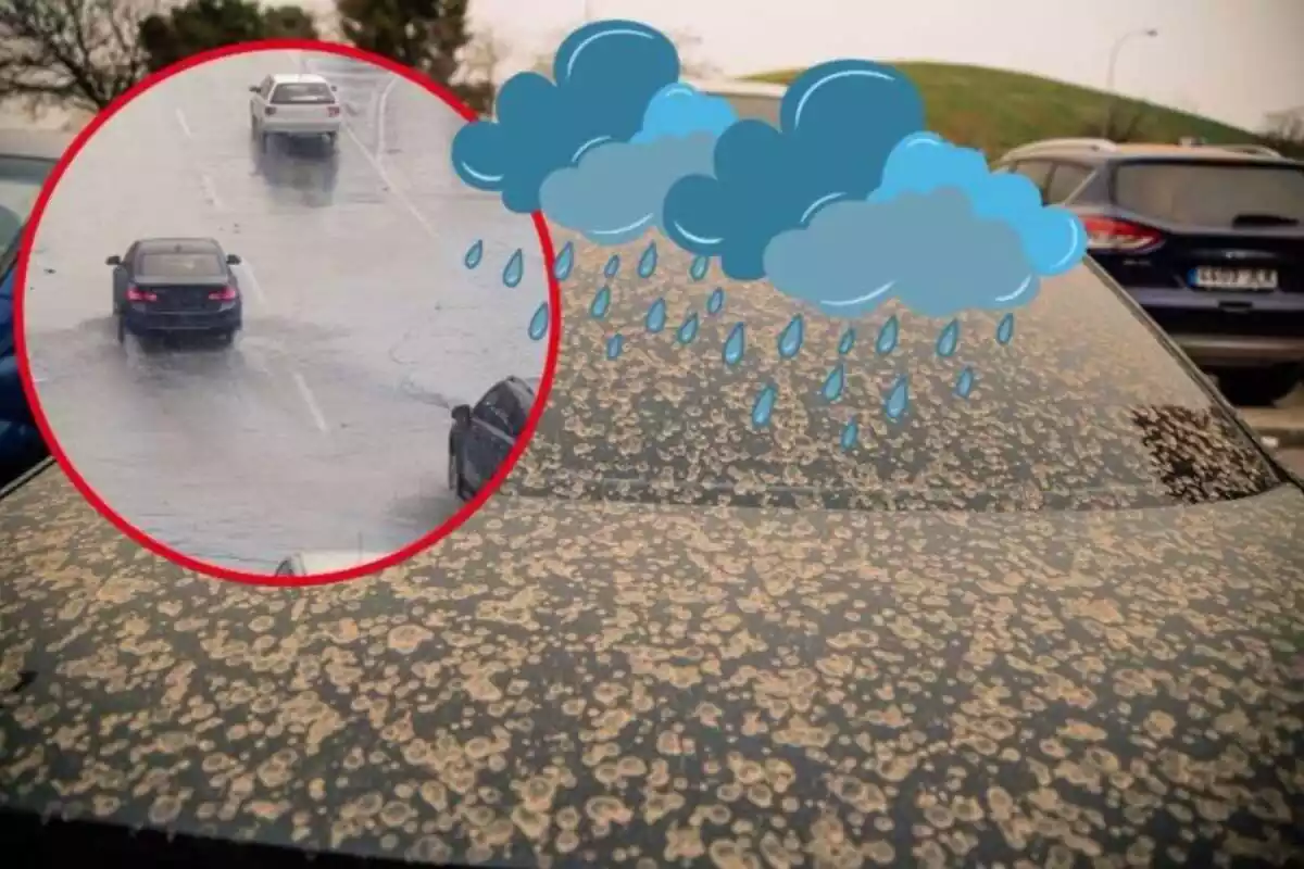 Imagen de fondo de un coche sucio con barro y otra imagen de varios coches circulando por una carretera mojada y unos emoticonos de lluvia