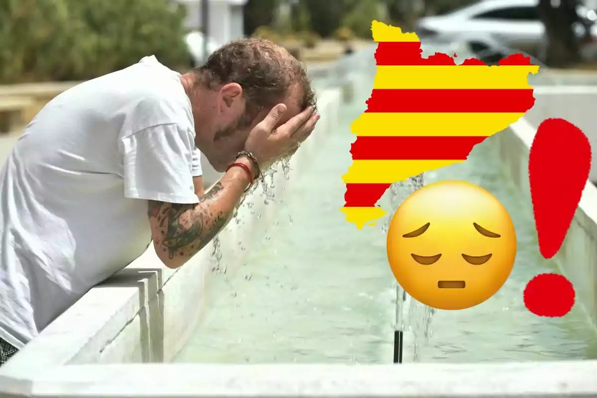 Hombre refrescándose en una fuente con un mapa de Cataluña, un emoji de cara preocupada y un signo de exclamación rojo superpuestos.