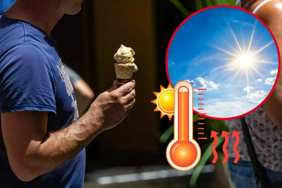 Un hombre sostiene un helado mientras el sol brilla intensamente y un gráfico muestra un termómetro indicando altas temperaturas. Un hombre sostiene un helado mientras el sol brilla intensamente y un gráfico muestra un termómetro indicando altas temperaturas.
