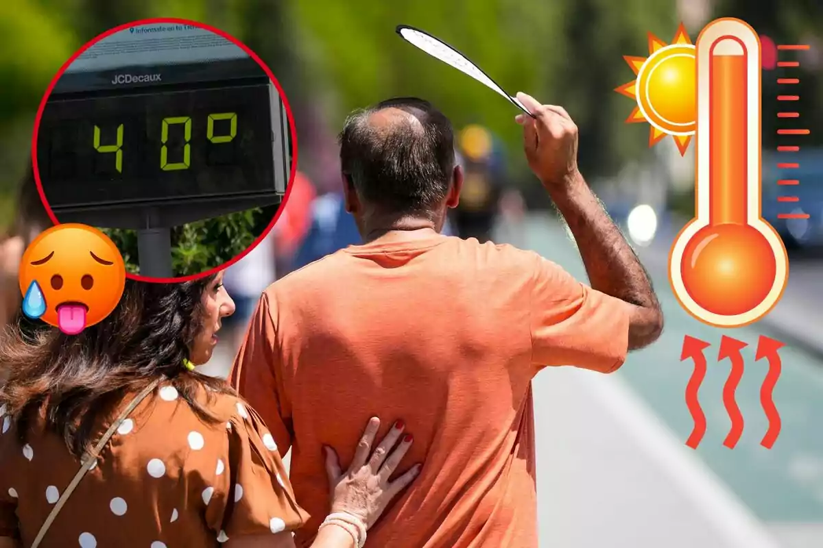 Personas caminando bajo el sol con una temperatura de 40 grados, una de ellas se abanica para refrescarse. Personas caminando bajo el sol con una temperatura de 40 grados, una de ellas se abanica para refrescarse.