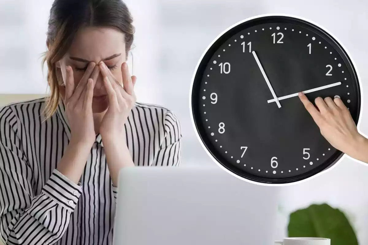 Imagen de una mujer cansada frente a un ordenador y otra imagen de un reloj con una mano que lo señala