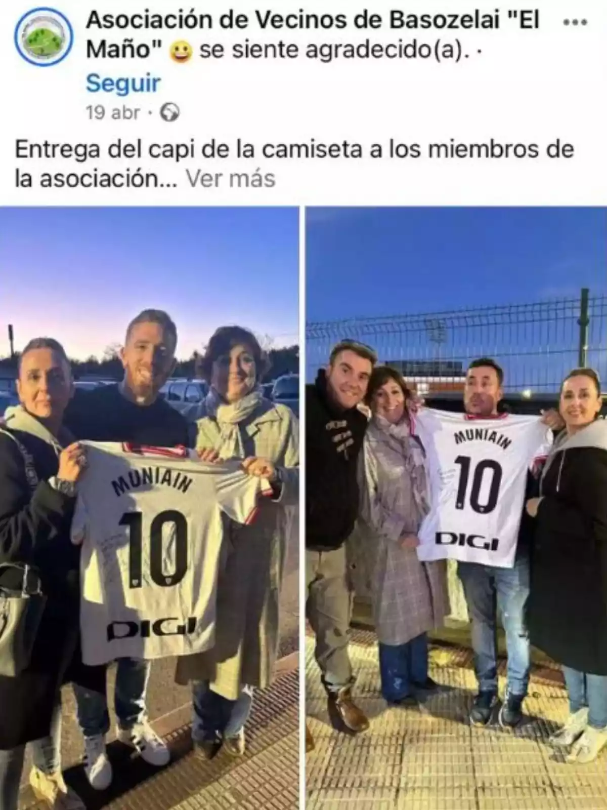 Imagen de un post en Facebook de la Asociación de Vecinos de Basozelai con una camiseta donado por Iker Munian Imagen de un post en Facebook de la Asociación de Vecinos de Basozelai con una camiseta donado por Iker Munian