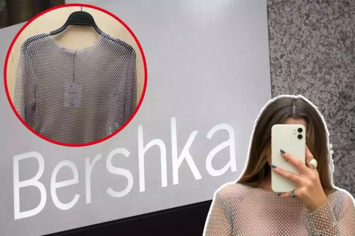 Imagen de fondo de una tienda Bershka con su logo y otras dos de una camiseta de red de la marca, una de ellas con una persona posando