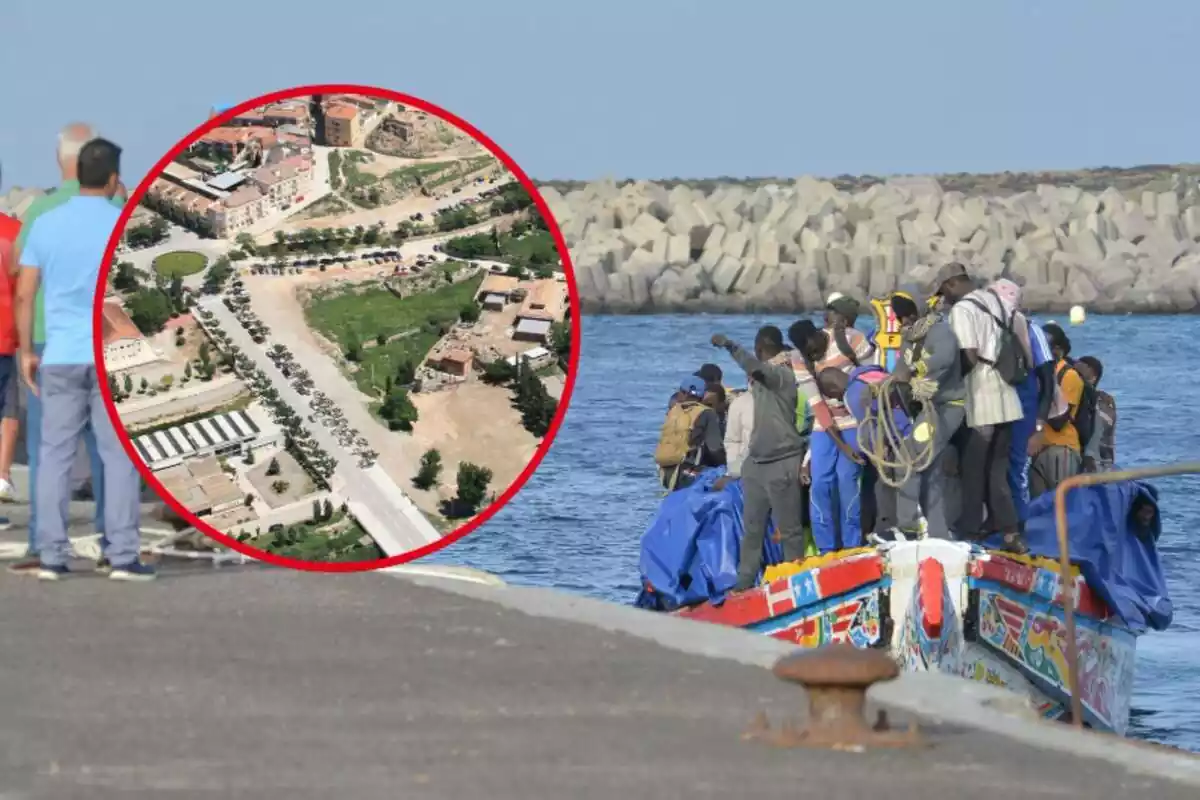 Imagen de un cayuco lleno de inmigrantes ilegales llegando a un puerto de Canarias y un marco con una foto aerea de Tàrrega