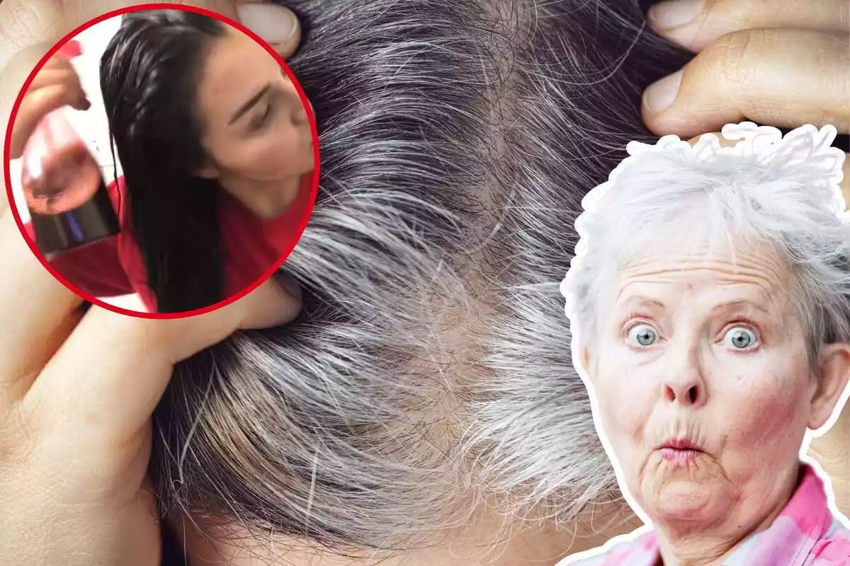 Una imagen de fondo de una persona con canas enseñando el cuero cabelludo y otra imagen de una mujer sorprendida, con otra imagen de una persona poniéndose té negro en el pelo