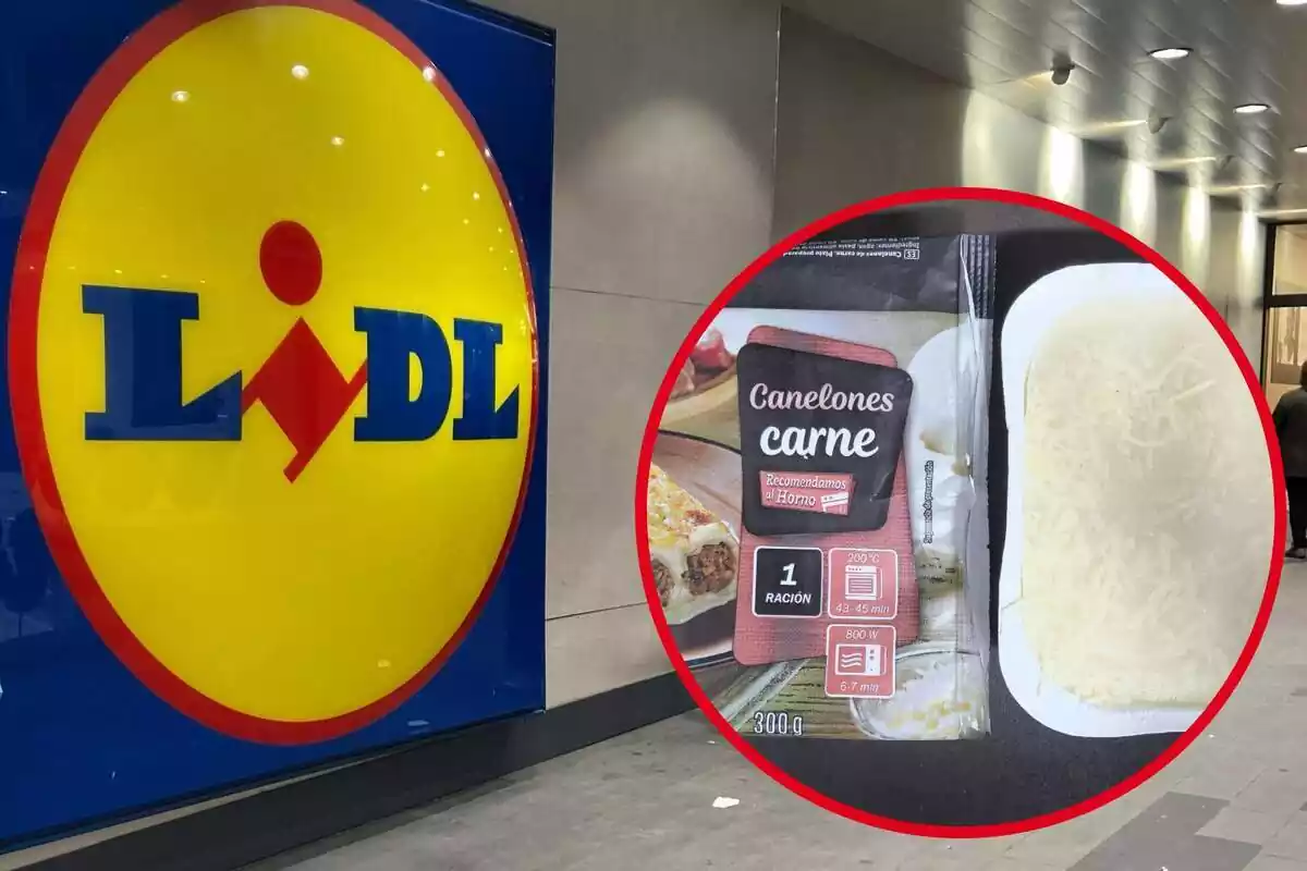 Montaje con una imagen de fondo de un logo del supermercado Lidl y otra imagen de unos canelones de la marca Monissa de Lidl