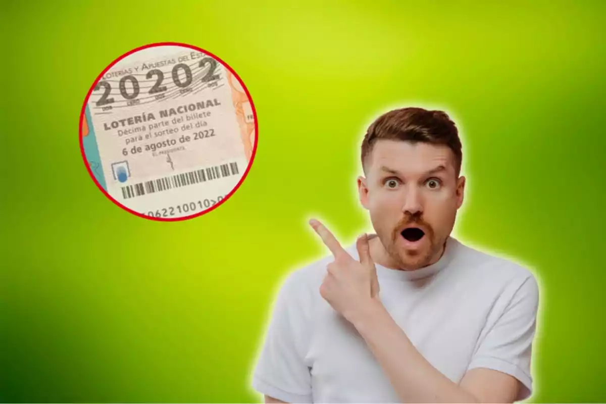 Hombre sorprendido señalando un billete de lotería con fecha del 6 de agosto de 2022 sobre un fondo verde.