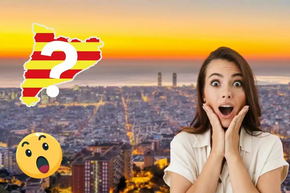 Mujer sorprendida con las manos en la cara frente a una vista panorámica de una ciudad al atardecer, con un mapa de Cataluña con un signo de interrogación y un emoji de sorpresa.