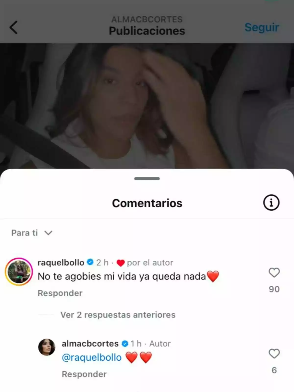 Captura de pantalla de una imagen de Alma Bollo en Instagram con un comentario de Raquel Bollo Captura de pantalla de una imagen de Alma Bollo en Instagram con un comentario de Raquel Bollo