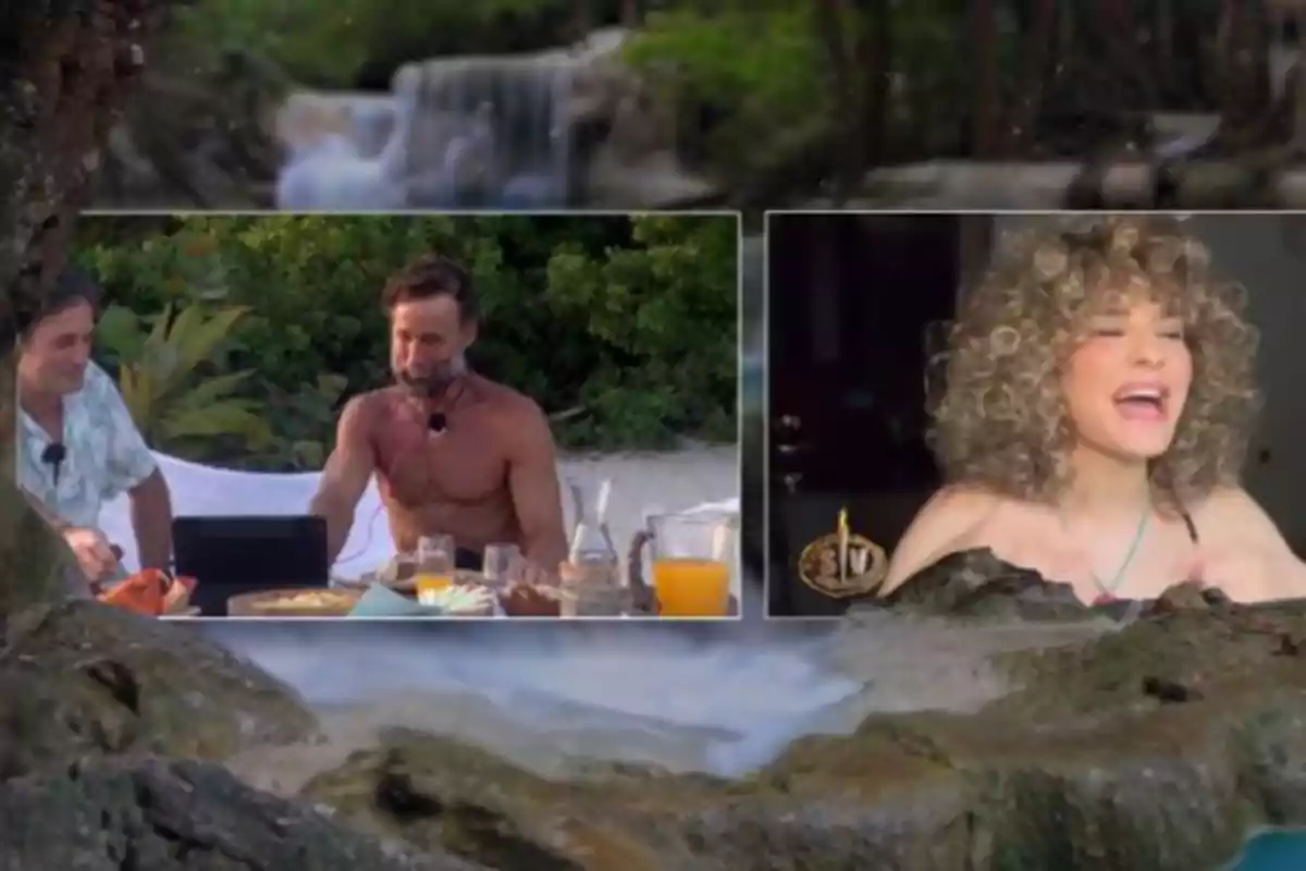 Álvaro Muñoz Escassi y su hermano conversan al aire libre en una mesa con comida y bebidas mientras Sheila Casas aparece en una videollamada riendo Álvaro Muñoz Escassi y su hermano conversan al aire libre en una mesa con comida y bebidas mientras Sheila Casas aparece en una videollamada riendo