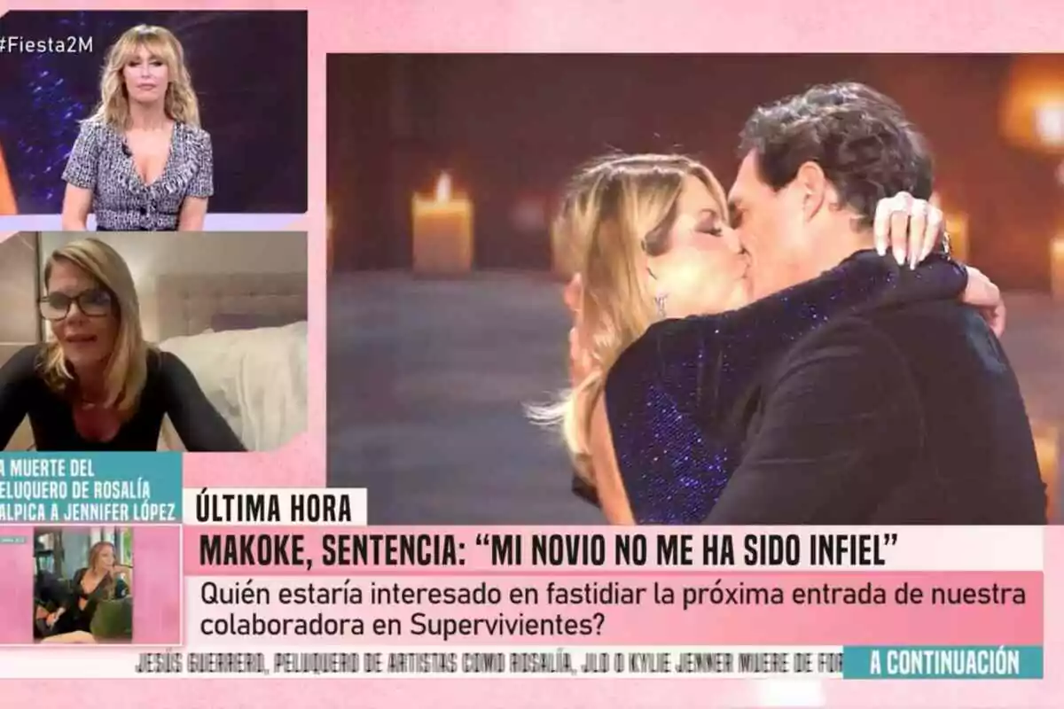 Emma García está en 'Fiesta', mientras en una videollamada aparece Makoke con gafas; a la derecha, Makoke se besa apasionadamente; en la parte inferior, un texto menciona una noticia sobre ella y su relación sentimental. Emma García está en 'Fiesta', mientras en una videollamada aparece Makoke con gafas; a la derecha, Makoke se besa apasionadamente; en la parte inferior, un texto menciona una noticia sobre ella y su relación sentimental.