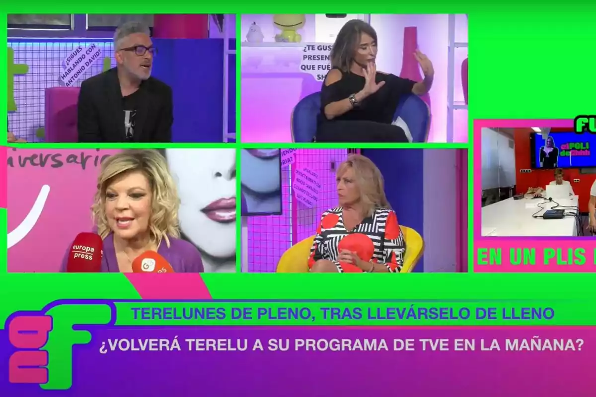 Panel de discusión en un programa de televisión con varios invitados y el tema Panel de discusión en un programa de televisión con varios invitados y el tema