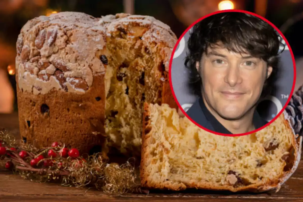 Montaje con un panettone con un trozo cortado y un círculo con la cara del reconocido chef Jordi Cruz