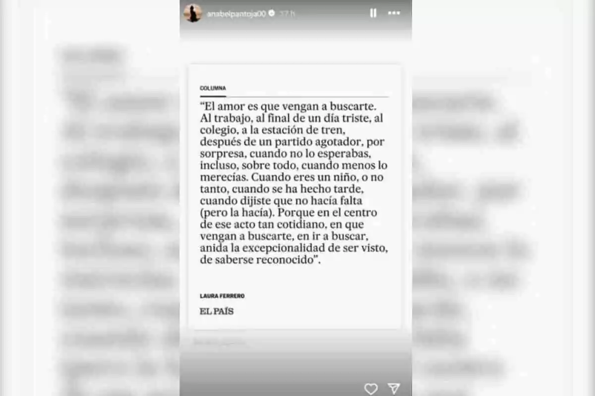 La imagen muestra un texto de una columna de Laura Ferrero en El País, que reflexiona sobre el amor y la importancia de que alguien venga a buscarte en momentos inesperados o difíciles, resaltando la excepcionalidad de sentirse visto y reconocido. La imagen muestra un texto de una columna de Laura Ferrero en El País, que reflexiona sobre el amor y la importancia de que alguien venga a buscarte en momentos inesperados o difíciles, resaltando la excepcionalidad de sentirse visto y reconocido.