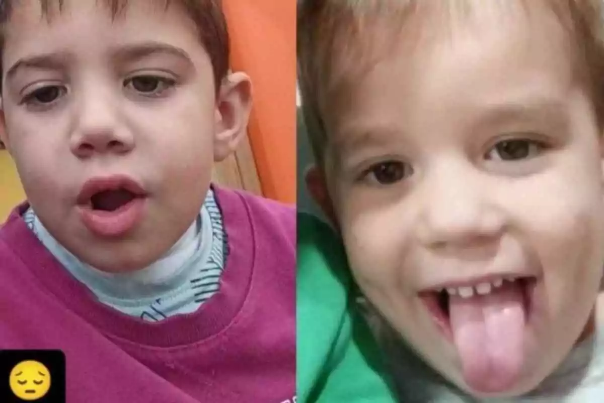 Dos niños pequeños, Izan y Rubén, en un collage de fotos uno con expresión seria y el otro sacando la lengua ambos con ropa colorida.