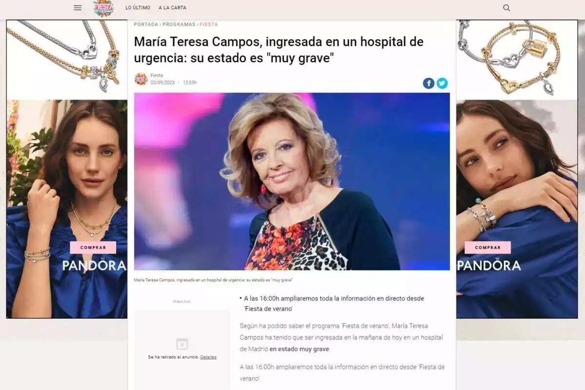 Captura de una noticia de Telecinco el día 3 de septiembre de 2023 en la que comunica el estado grave de María Teresa Campos Captura de una noticia de Telecinco el día 3 de septiembre de 2023 en la que comunica el estado grave de María Teresa Campos