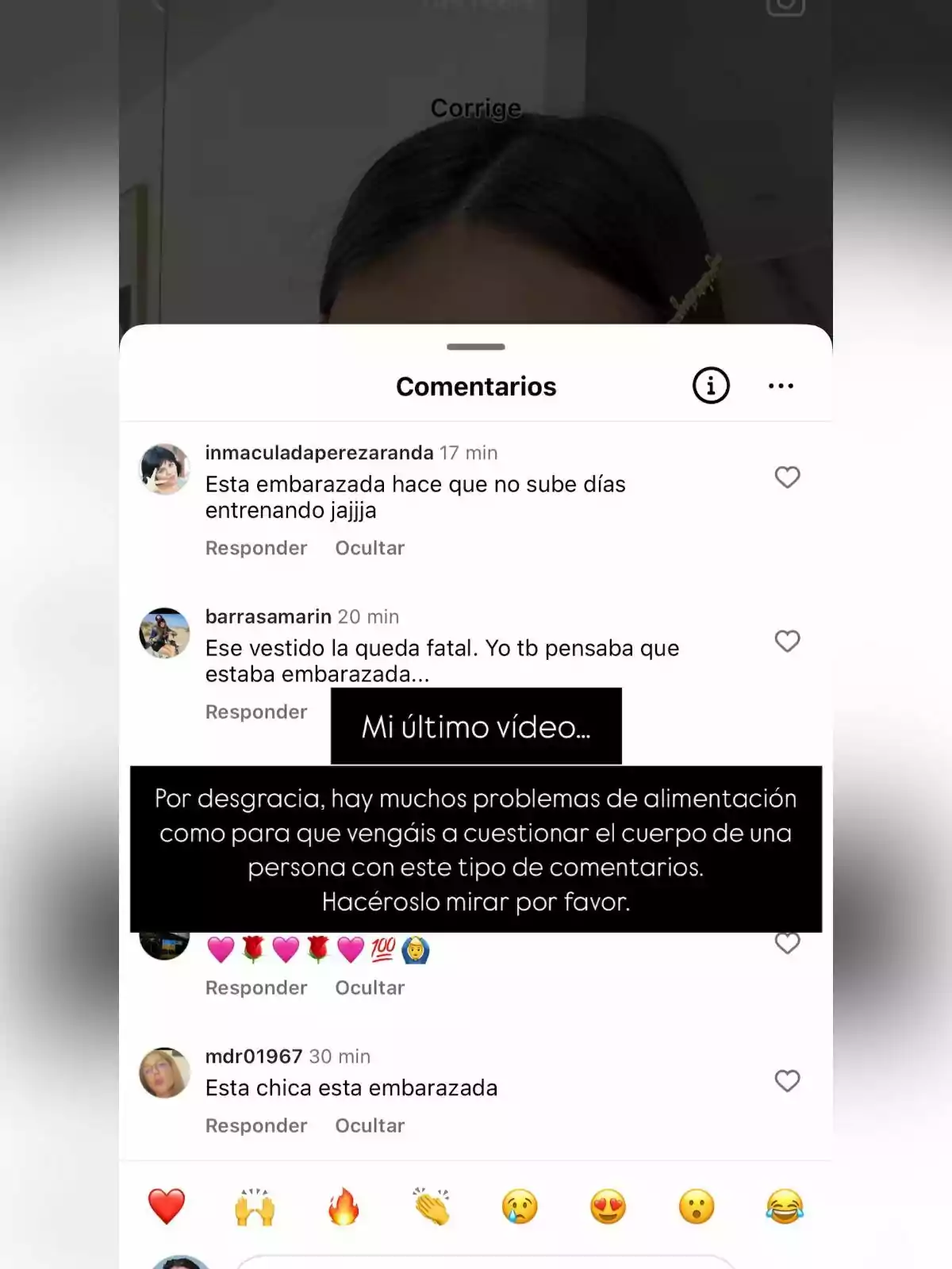 Una captura de pantalla de comentarios en una publicación de redes sociales donde se discuten temas sobre la apariencia y posibles problemas de alimentación, con una respuesta destacada que critica estos comentarios. Una captura de pantalla de comentarios en una publicación de redes sociales donde se discuten temas sobre la apariencia y posibles problemas de alimentación, con una respuesta destacada que critica estos comentarios.