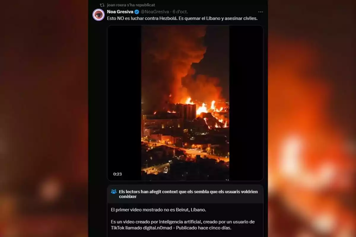 Una imagen de un tuit que muestra un incendio masivo en una ciudad por la noche con un comentario que critica la acción como un ataque al Líbano y menciona que el video fue creado por inteligencia artificial.