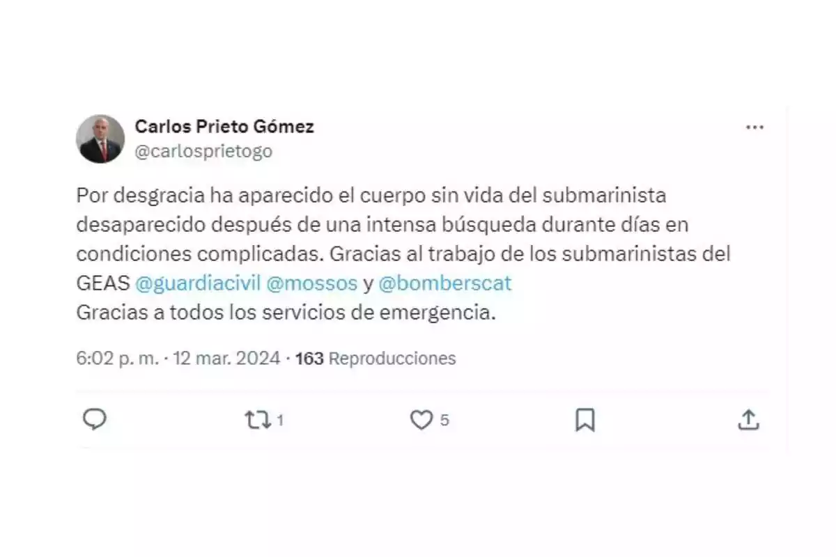 Captura del tweet del delegado del Gobierno en Cataluña sobre el hallazgo del cuerpo del desaparecido en el mar en Barcelona Captura del tweet del delegado del Gobierno en Cataluña sobre el hallazgo del cuerpo del desaparecido en el mar en Barcelona