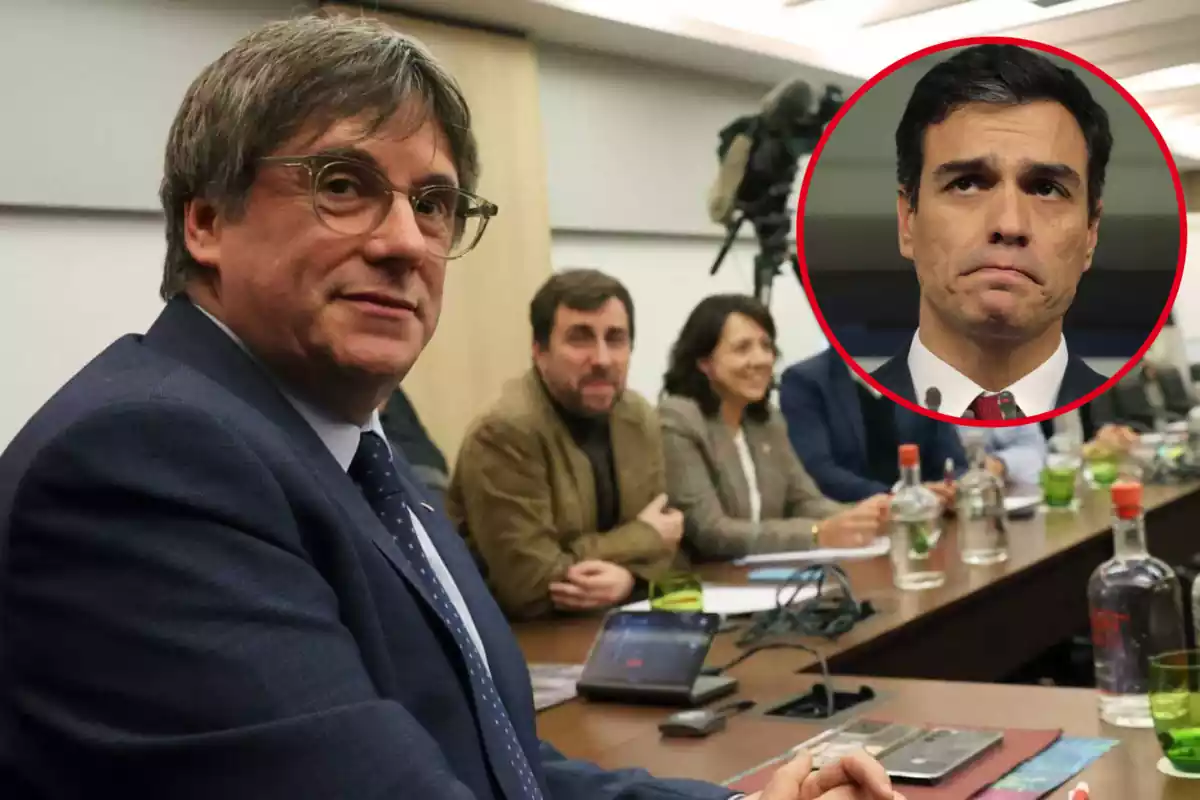 Montaje de Carles Puigdemont y otros dirigentes de Junts con una foto de Pedro Sánchez