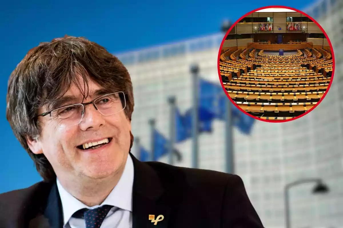 Montaje de Carles Puigdemont sonriendo en primer plano, banderas europeas de fondo difuminadas y círculo con el Parlamento Europeo.