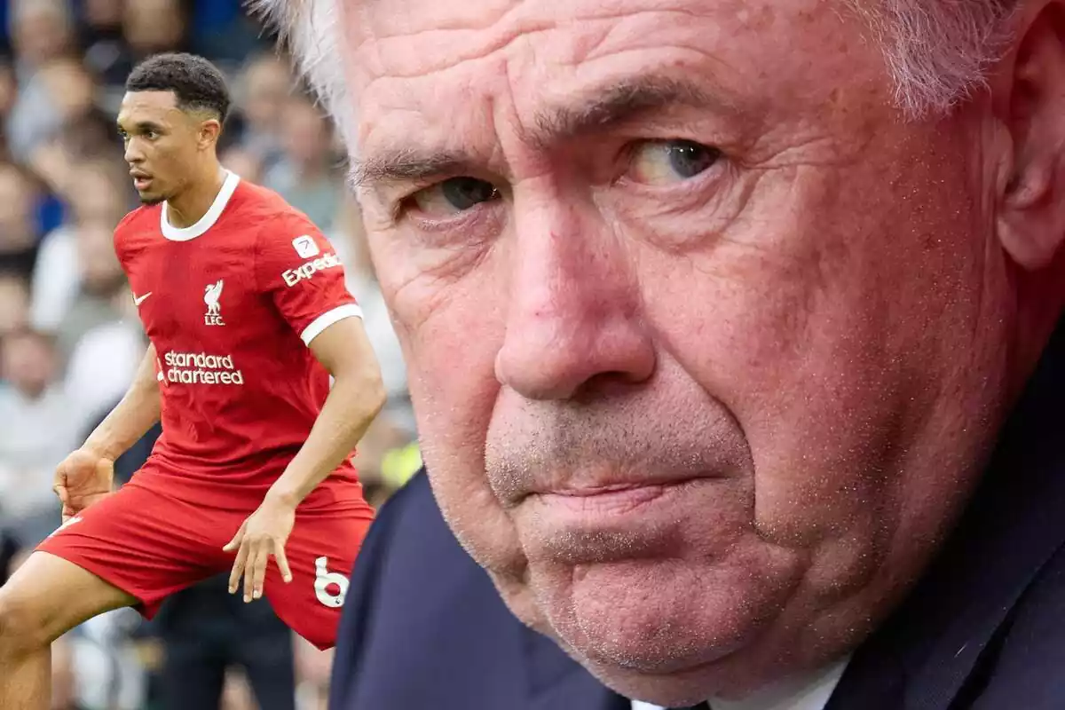 Carlo Ancelotti mira a un lado con cara de enfado con Trent Alexander-Arnold al fondo