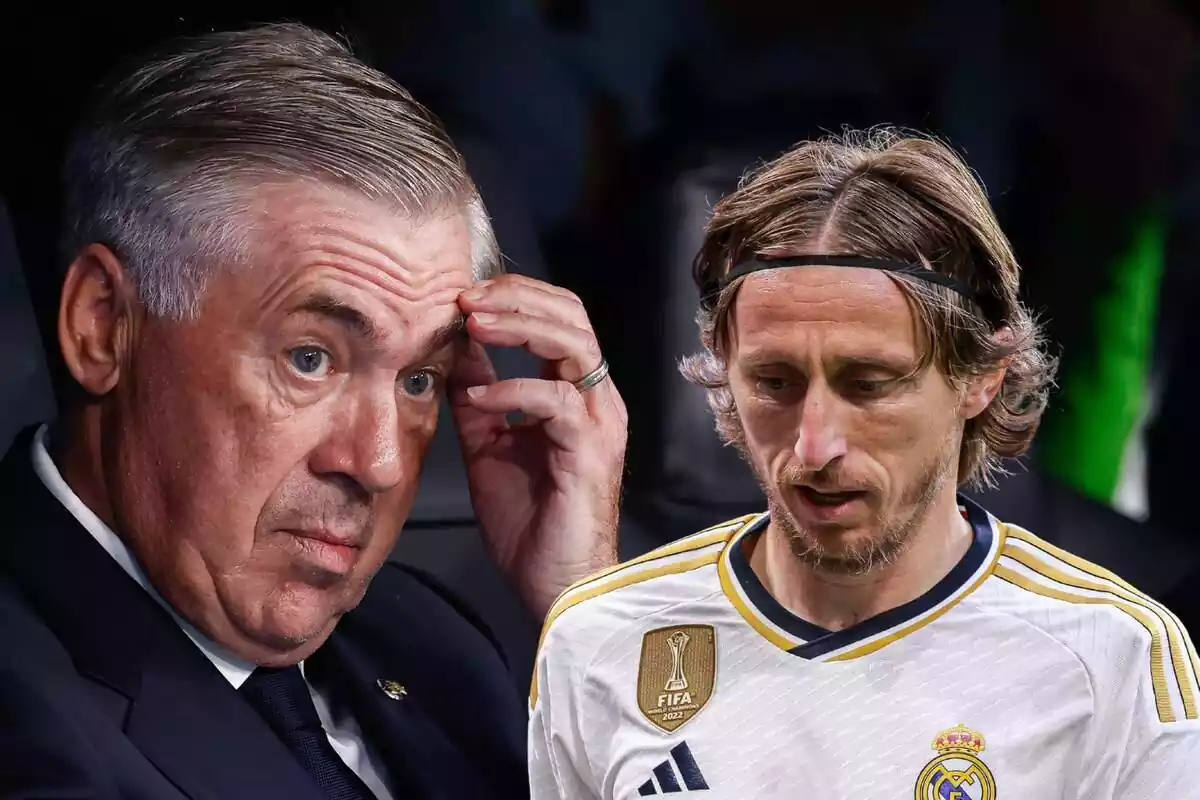 Montaje de Carlo Ancelotti tocándose la ceja mientras mira a Luka Modric