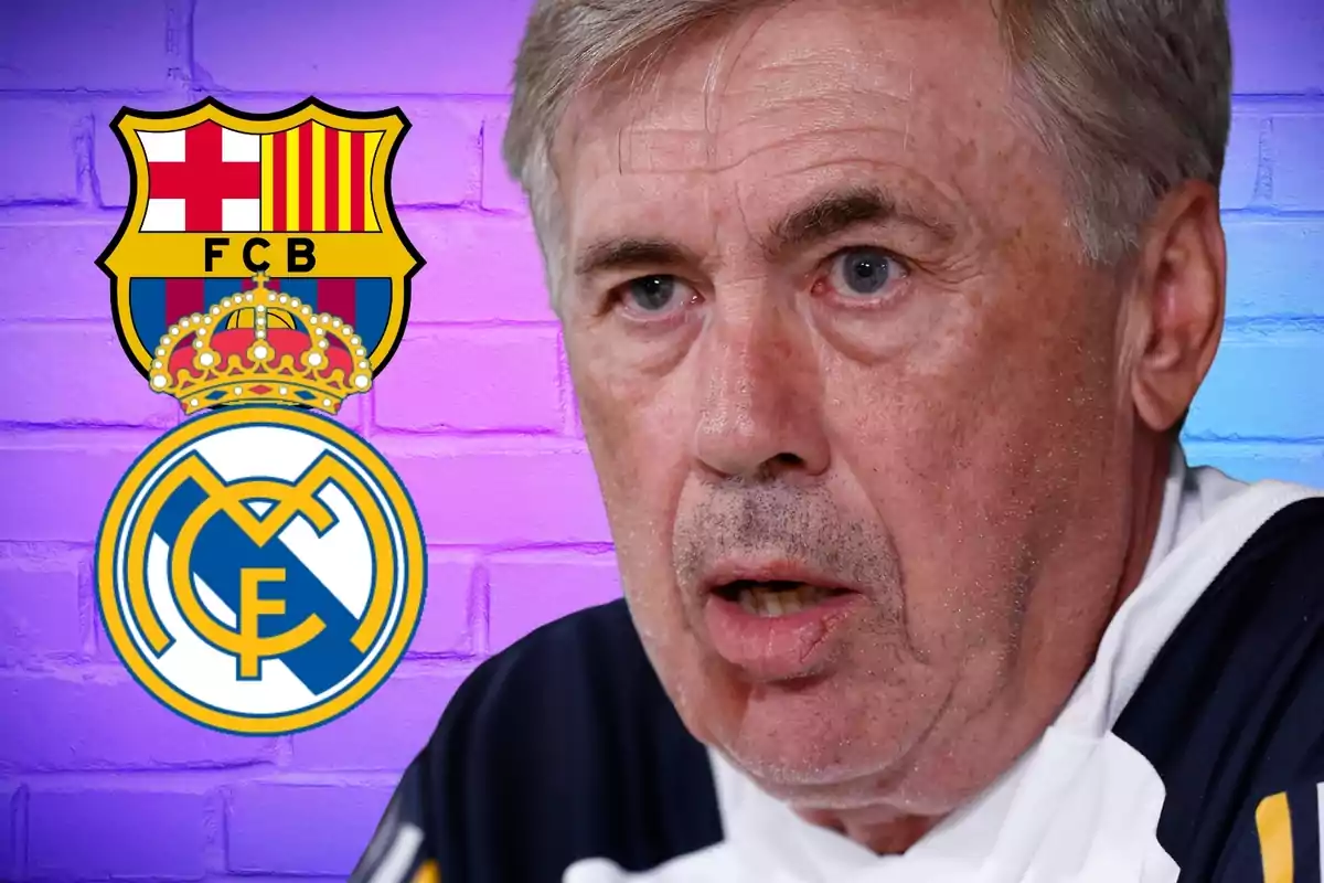 Un hombre con expresión seria aparece junto a los escudos de los equipos de fútbol FC Barcelona y Real Madrid sobre un fondo de ladrillos en tonos morados y azules.