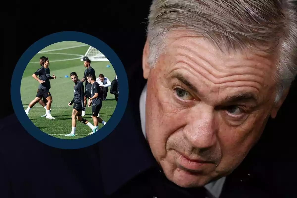 Montaje de Carlo Ancelotti mirando a sus jugadores entrenar