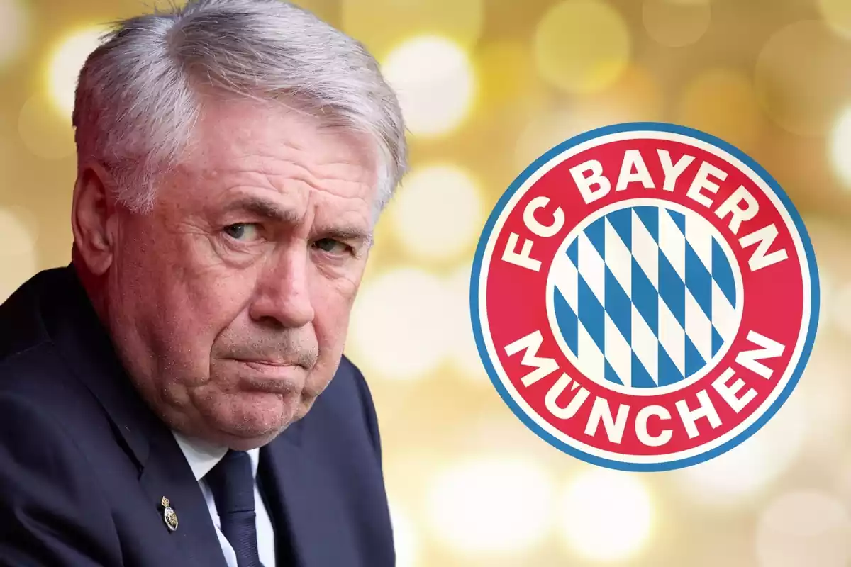 Carlo Ancelotti y el escudo del Bayern de Múnich en primer plano