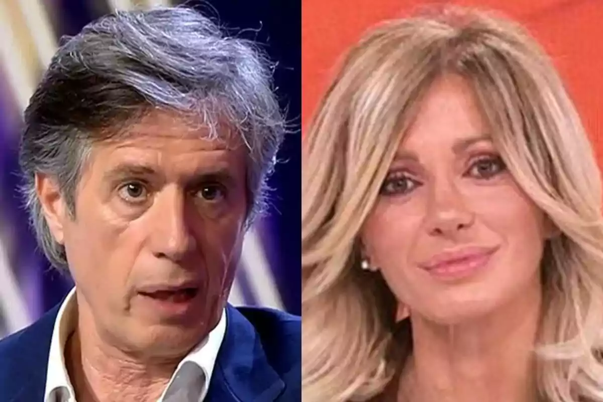 Primer plano de Carlo Costanzia de cabello canoso en De Viernes y Susanna Griso rubia en Espejo Público ambos mirando hacia la cámara