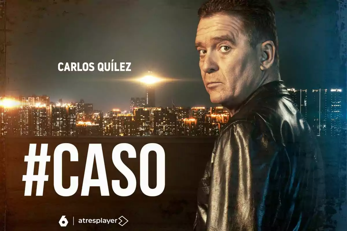 Carlos Quílez con chaqueta de cuero mira hacia la cámara con una ciudad iluminada de fondo y el texto "Carlos Quílez" y "#CASO" en la imagen.