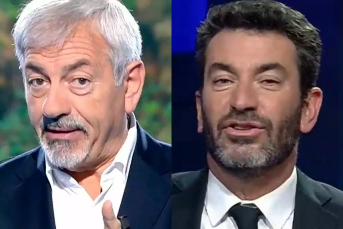 Carlos Sobera en Supervivientes y Arturo Valls en That's My Jam, ambos con barba y traje, aparecen en un montaje de imágenes lado a lado.