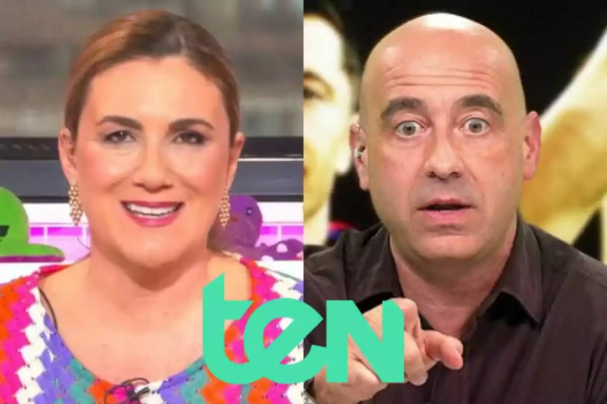 Dos presentadores de televisión aparecen en un montaje dividido, Carlota Corredera sonriente en Tentáculos a la izquierda y un hombre calvo con expresión seria en Directo Gol a la derecha, con el logo de Ten en el centro