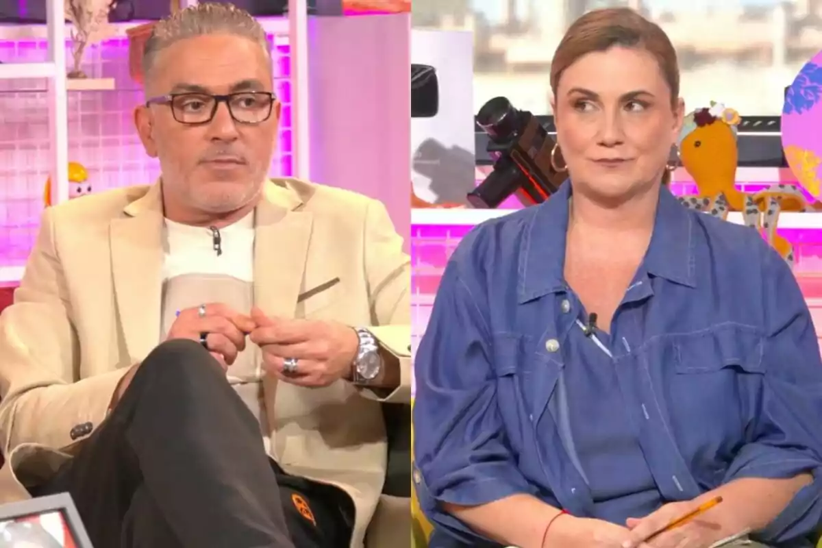 Kiko Hernández y Carlota Corredera sentados en 'Tentáculos' con expresión seria y fondo colorido