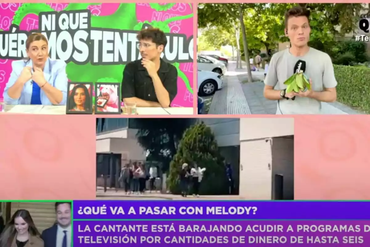 'Tentáculos' muestra a Carlota Corredera y Arnau Martínez en un set colorido, Gonzalo Vázquez en la calle sosteniendo plátanos, una imagen de personas afuera de un edificio y un cintillo informativo sobre la cantante Melody y su posible participación en programas de televisión. 'Tentáculos' muestra a Carlota Corredera y Arnau Martínez en un set colorido, Gonzalo Vázquez en la calle sosteniendo plátanos, una imagen de personas afuera de un edificio y un cintillo informativo sobre la cantante Melody y su posible participación en programas de televisión.