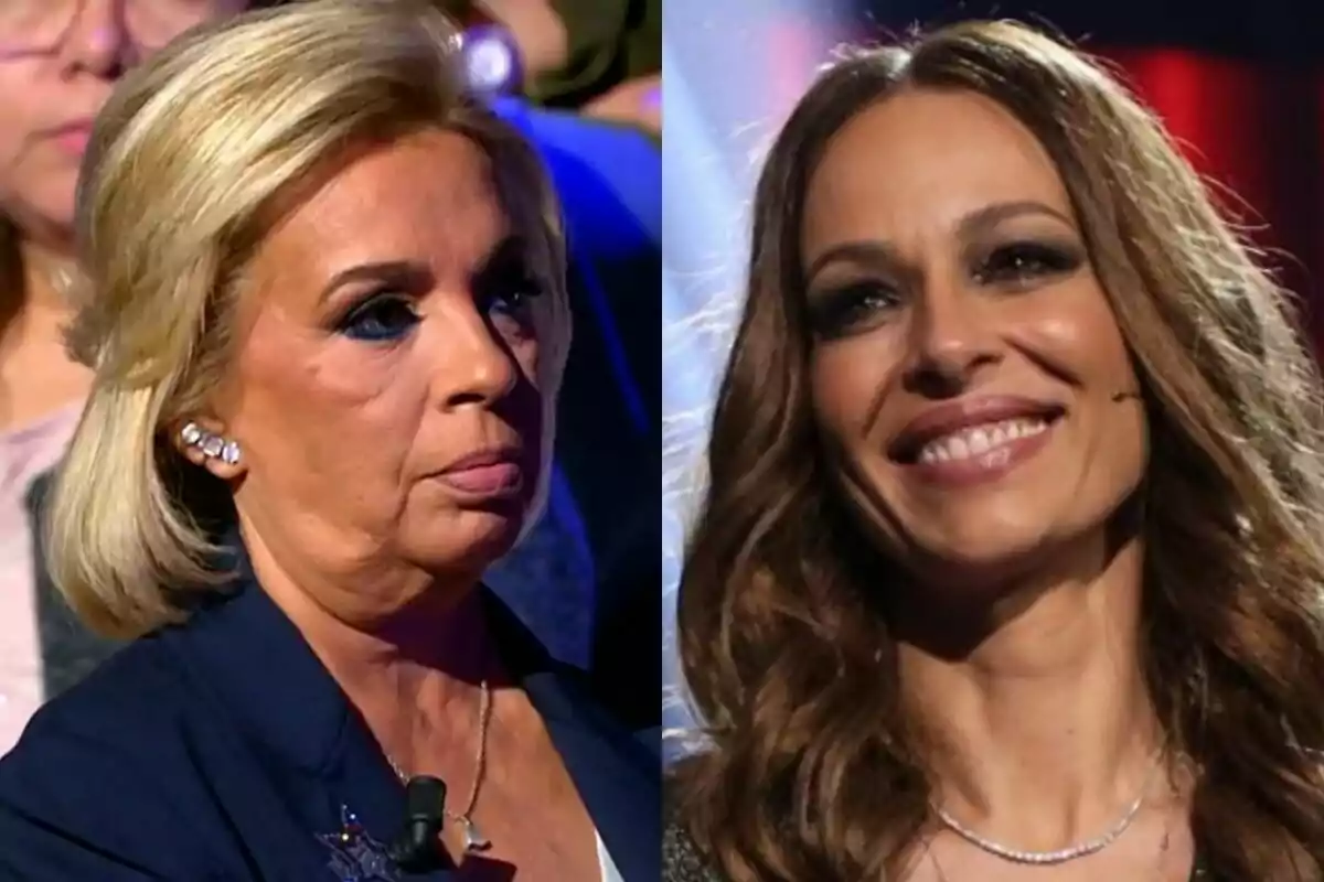 Carmen Borrego seria en De Viernes a la izquierda con Eva González sonriendo a la derecha en La Voz.