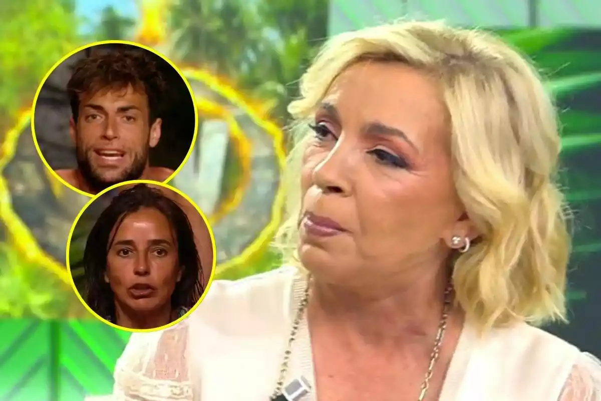 Carmen Borrego rubia en primer plano durante un programa de televisión de Vamos a ver con Montoya y Carmen Alcayde en círculos amarillos en la esquina izquierda sobre un fondo de vegetación de Supervivientes.