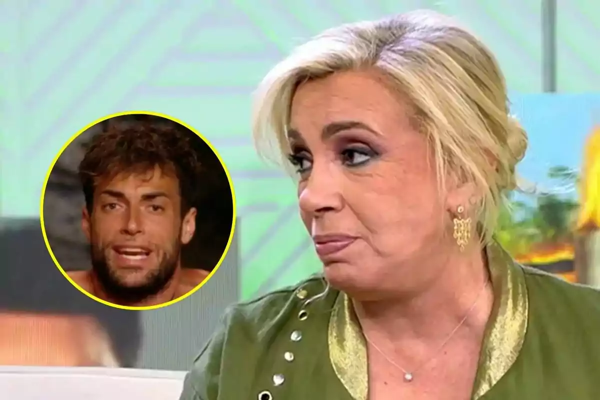 Carmen Borrego rubia con expresión seria en Vamos a ver y un recuadro con la imagen de un Montoya joven con barba en Supervivientes en la esquina izquierda