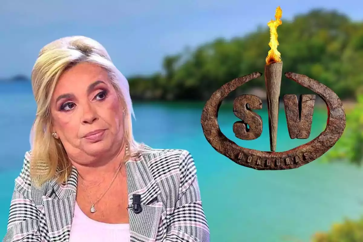 Montaje de Carmen Borrego con el logo de Supervivientes y una isla de fondo