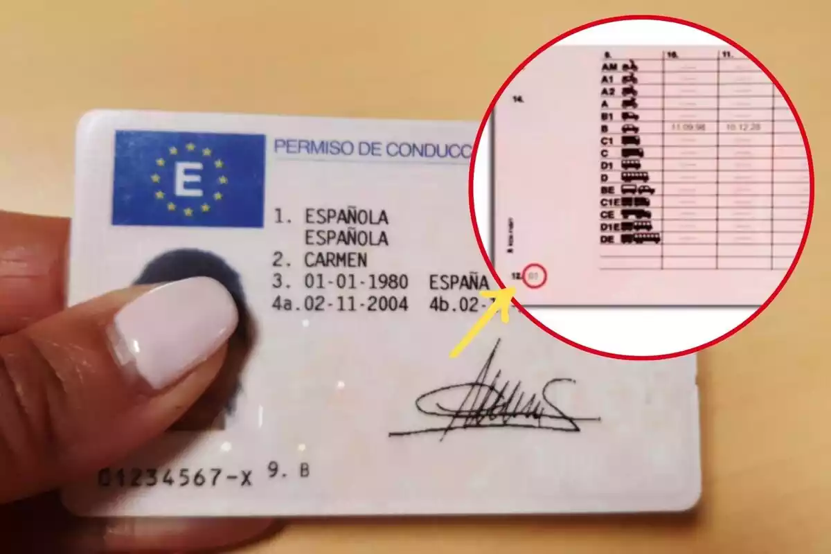 Imagen de fondo de una persona sosteniendo un carnet de conducir con la mano y otra del reverso de un carnet con un código 12 señalado