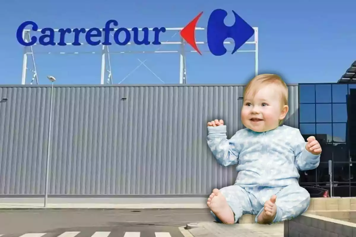 Un bebé sonriente en pijama azul frente a un edificio de Carrefour.