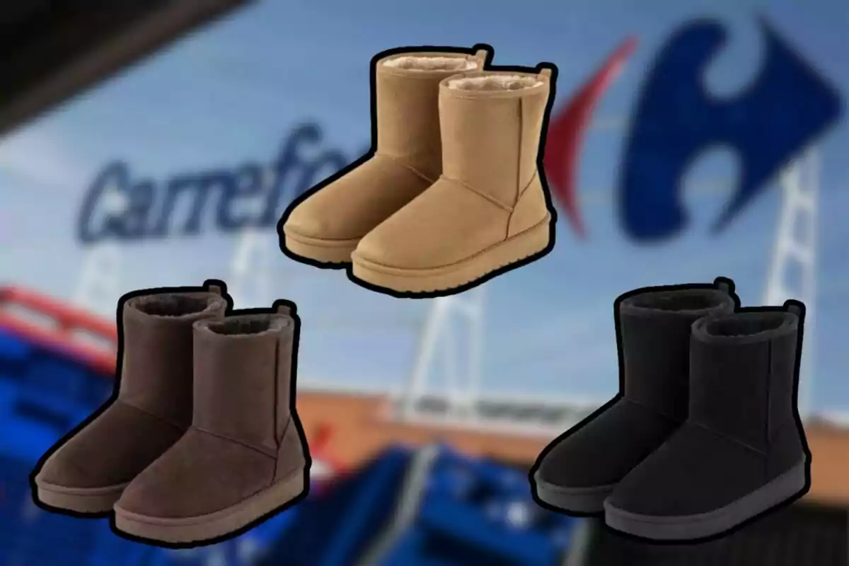 Botas de invierno en colores beige, marrón y negro con fondo de un cartel de supermercado. Botas de invierno en colores beige, marrón y negro con fondo de un cartel de supermercado.