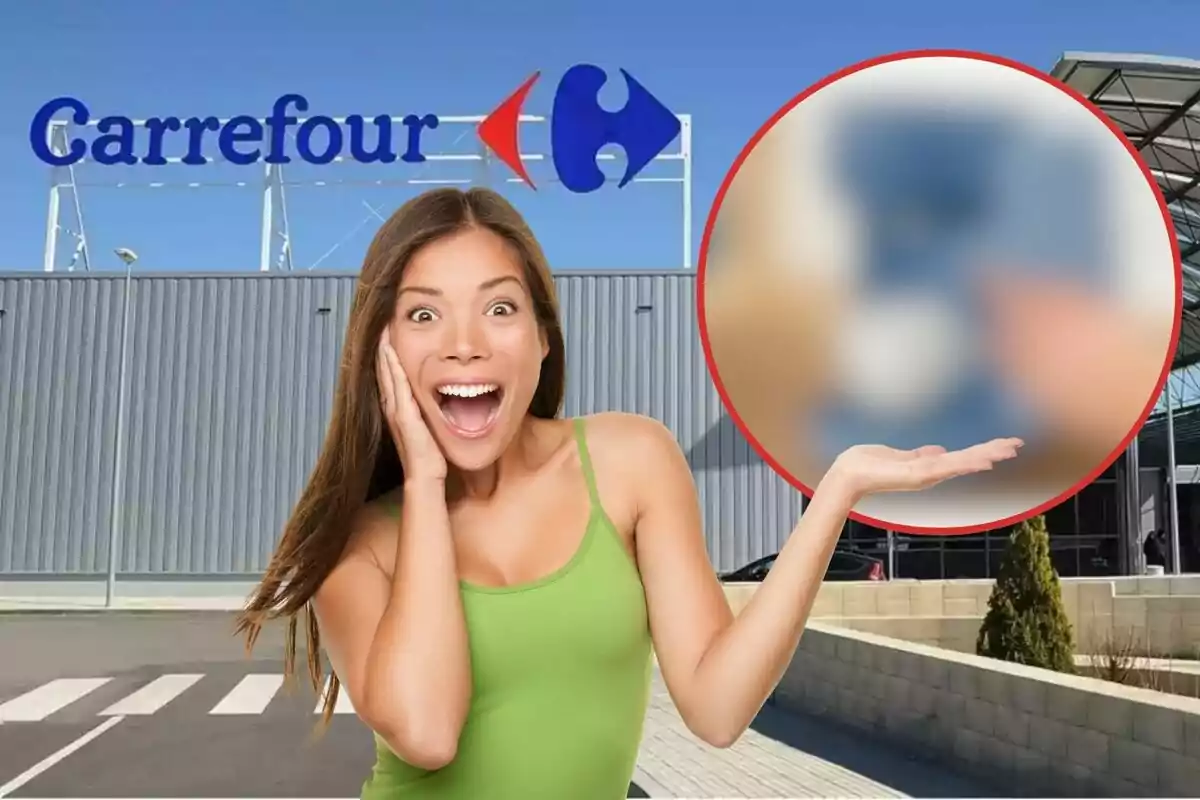 Mujer sonriente frente a un supermercado Carrefour con un círculo borroso a su lado.