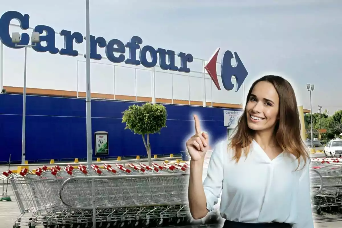 Mujer sonriendo y señalando con el dedo índice frente a un supermercado Carrefour con carritos de compra en primer plano.