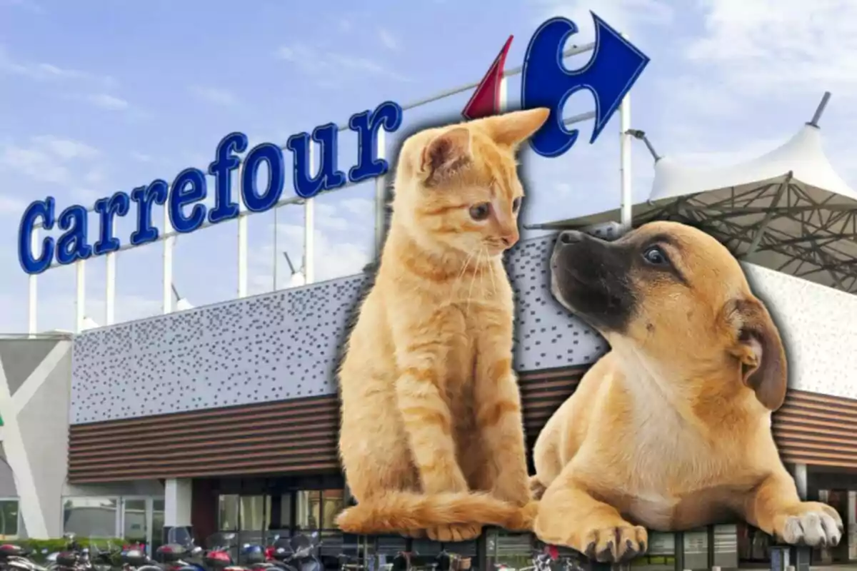 Un gato y un perro frente a un supermercado Carrefour.