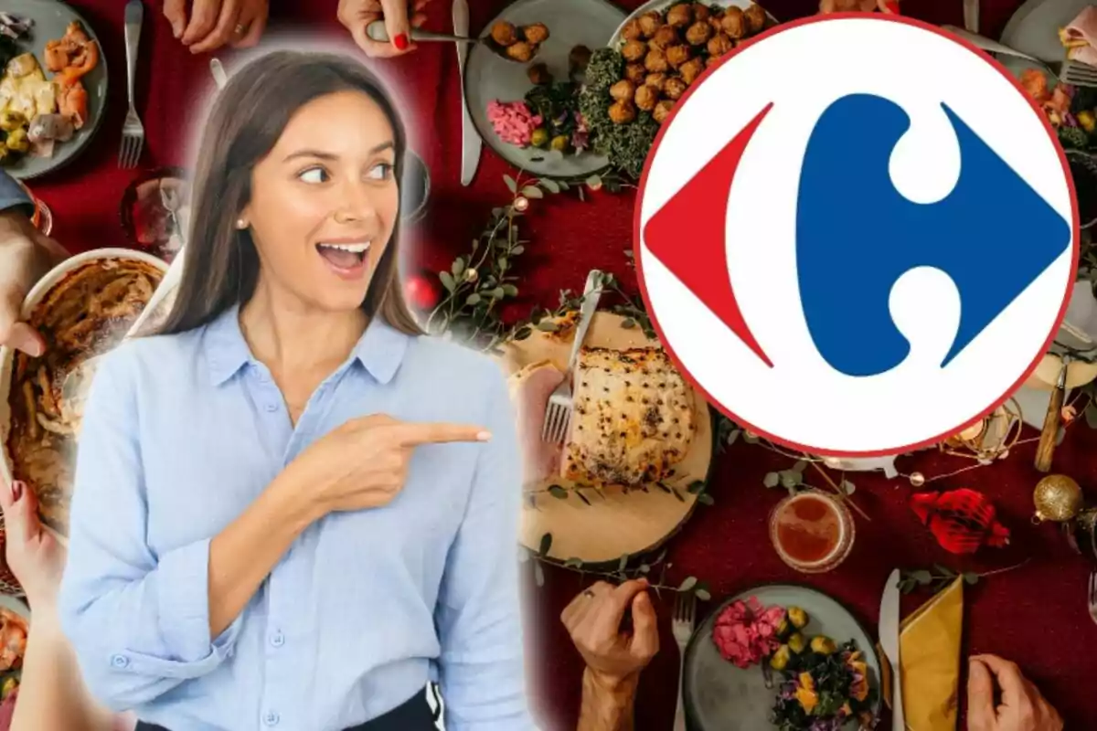 Una mujer sonriente señala hacia un logotipo circular en un fondo de mesa con comida.