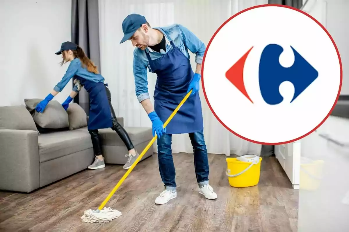 Dos personas con uniformes de limpieza están limpiando una sala, una de ellas está trapeando el piso mientras la otra acomoda los cojines del sofá; en la esquina de la imagen se muestra el logotipo de Carrefour.