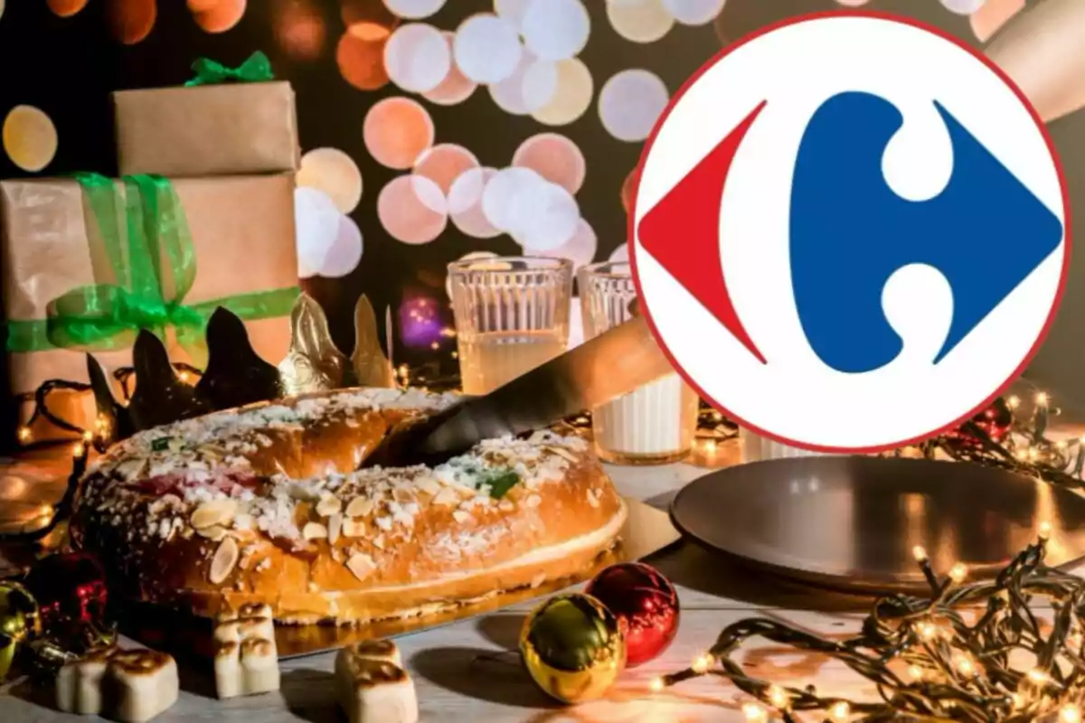 Una mesa festiva con un roscón de Reyes decorado con almendras y azúcar, rodeado de luces, adornos navideños, vasos de leche y regalos envueltos, con un logotipo superpuesto.